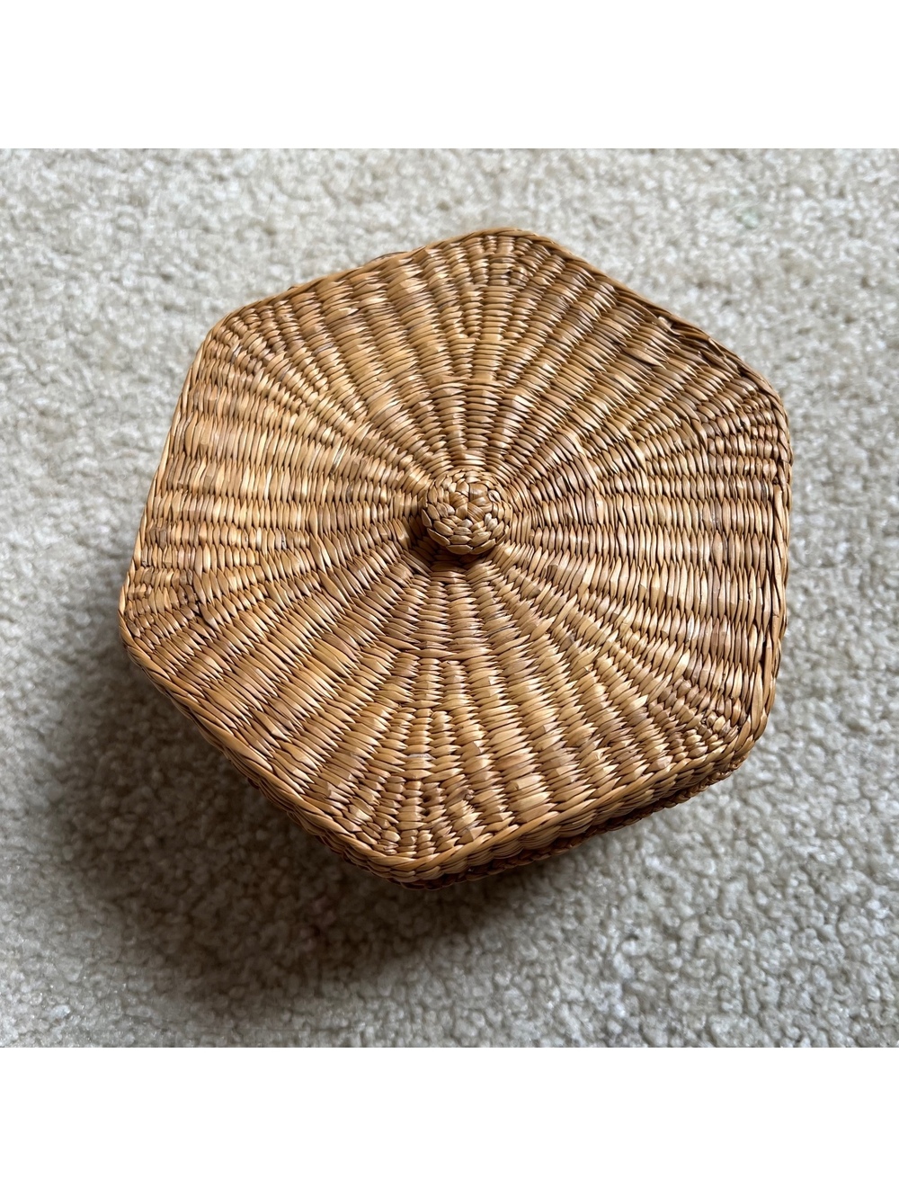 Vintage Set of 3 Hexagonal Woven Rattan Storage Baskets with Lids